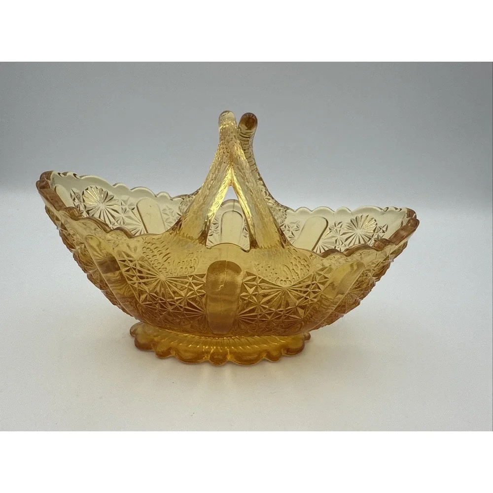Vintage Fenton Honey Amber Daisy Button Glass Basket Dish with Split Twig Handle